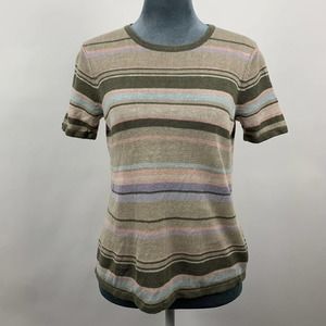 Vintage 90s Evan Picone 100% Linen Striped Knit Short Sleeve Top Womens Small